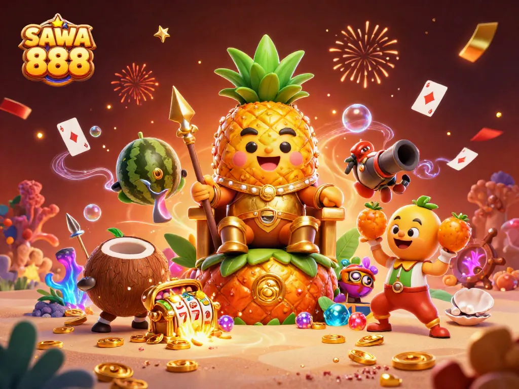 Join the excitement of SAWA 888 with colorful slot reels and lively casino elements in this vibrant scene.