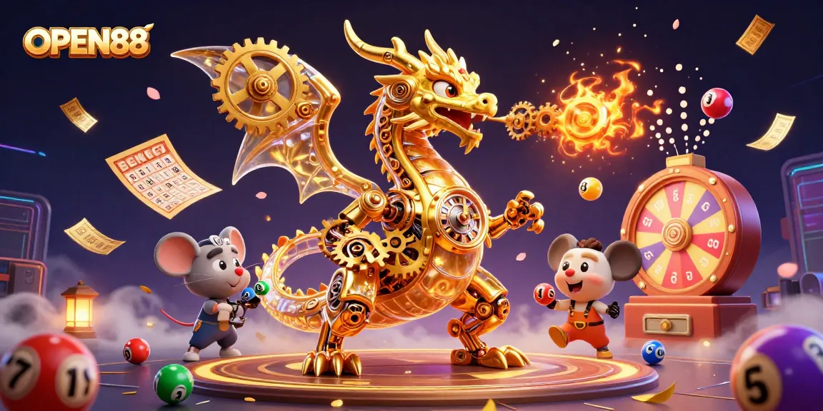 Engage with OPEN88's thrilling atmosphere of excitement, showcasing colorful lottery balls and a golden dragon!