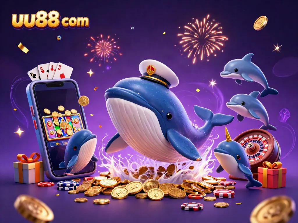 Engage with thrilling gameplay at uu88 com, showcasing a cartoon whale and playful dolphins surrounded by vibrant casino elements.