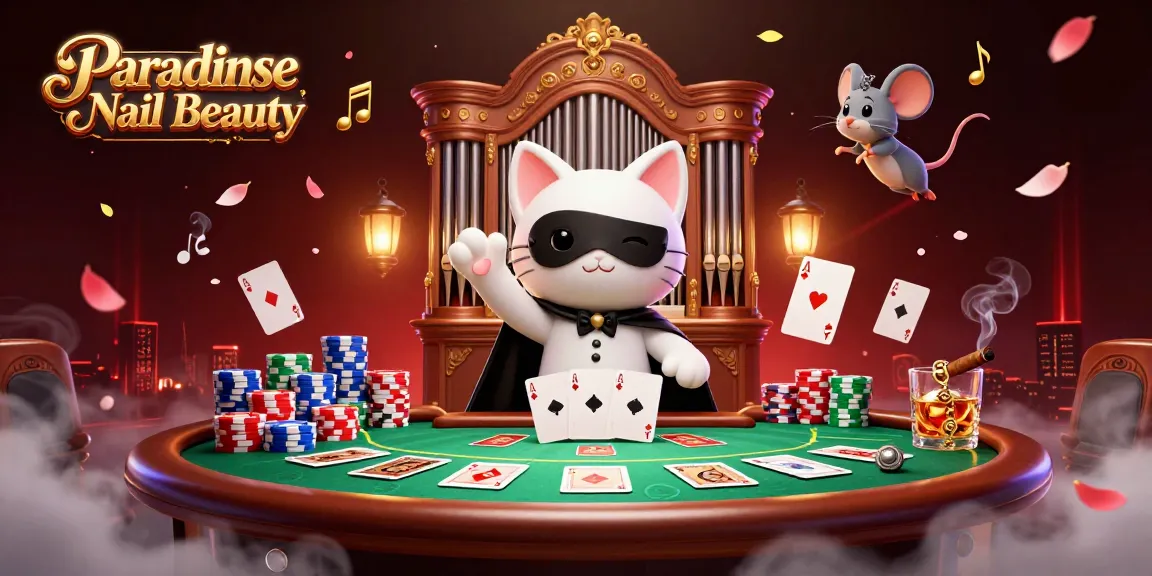 Experience excitement with Paradise Nail Beauty's mystical themed gambling scene, featuring a captivating organ playing cat.
