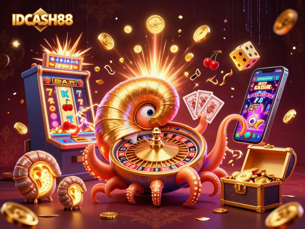 Experience thrilling gameplay with IDCASH88's vibrant casino illustration featuring dynamic game elements.