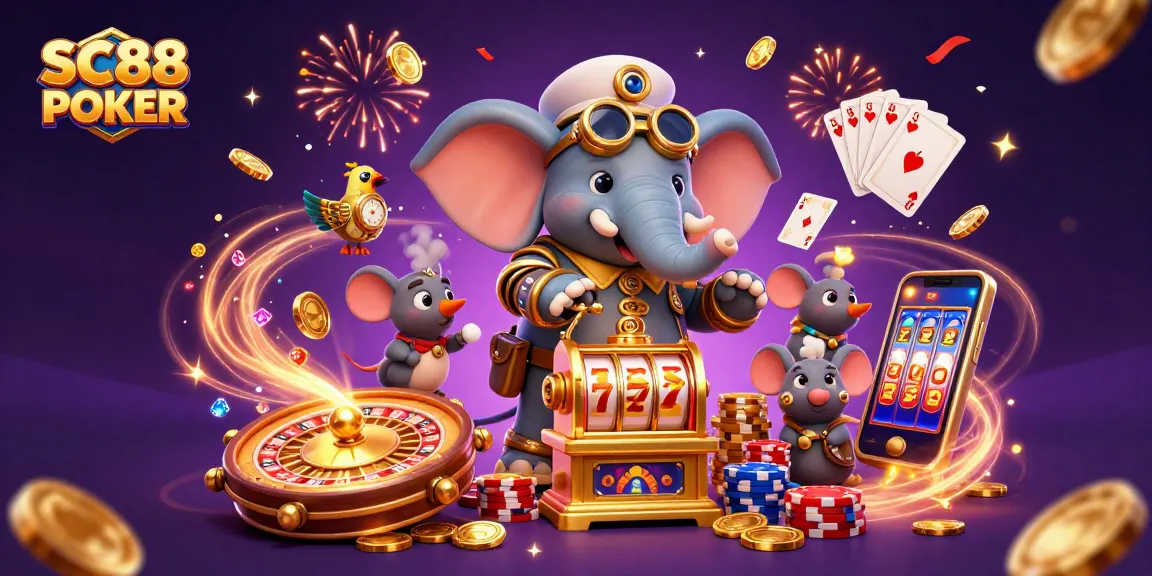Spin the reels with SC88 POKER, featuring a steampunk elephant in a vibrant casino!
