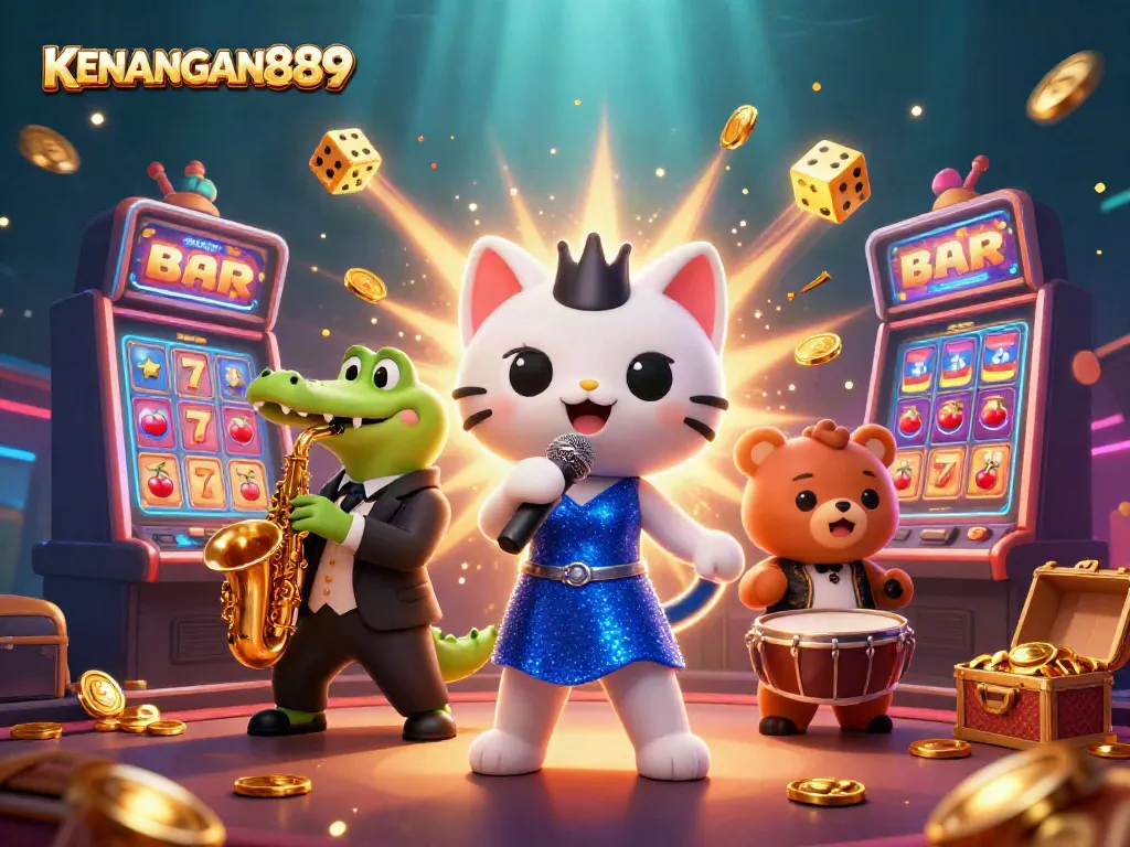 Experience the thrill of winning at KENANGAN889 with vibrant casino characters and games in this dynamic illustration.