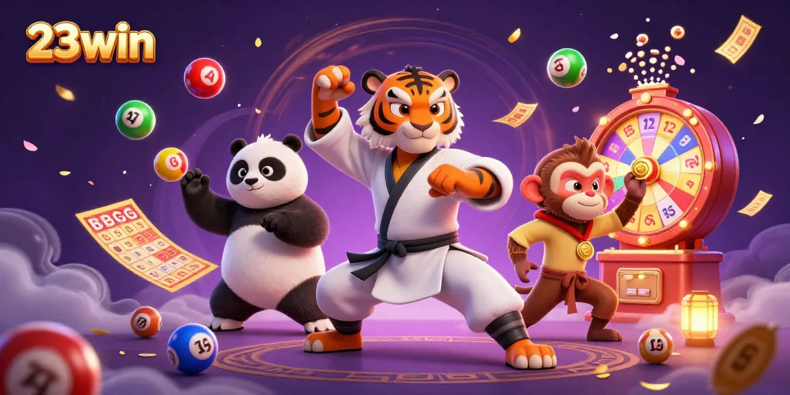 Engage with 23win's dynamic gaming scene featuring a kung fu tiger, panda, and monkey amidst vibrant lottery elements.