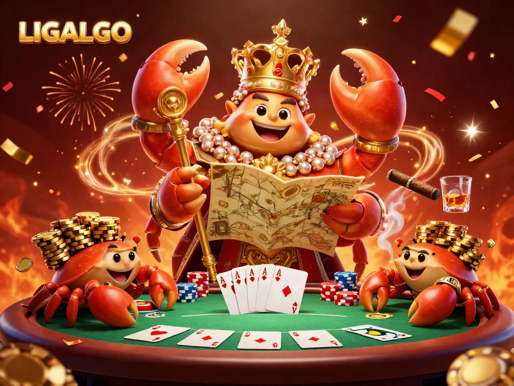 LIGALGO showcases a golden crab emperor leading a dynamic casino scene filled with poker action and vibrant celebration.