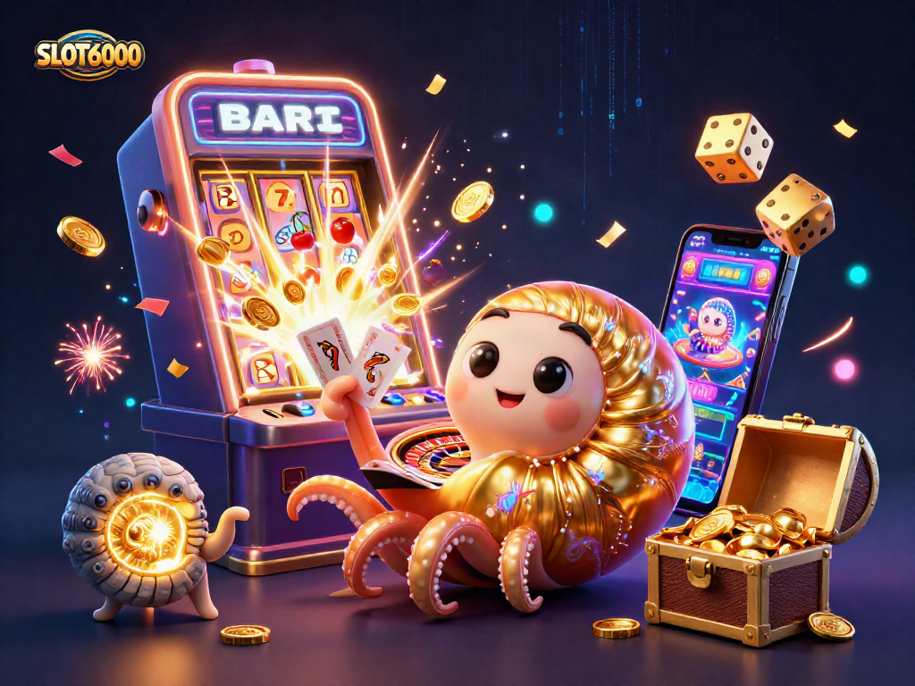 SLOT6000 features an ancient nautilus holding cards, surrounded by vibrant slot machine action.