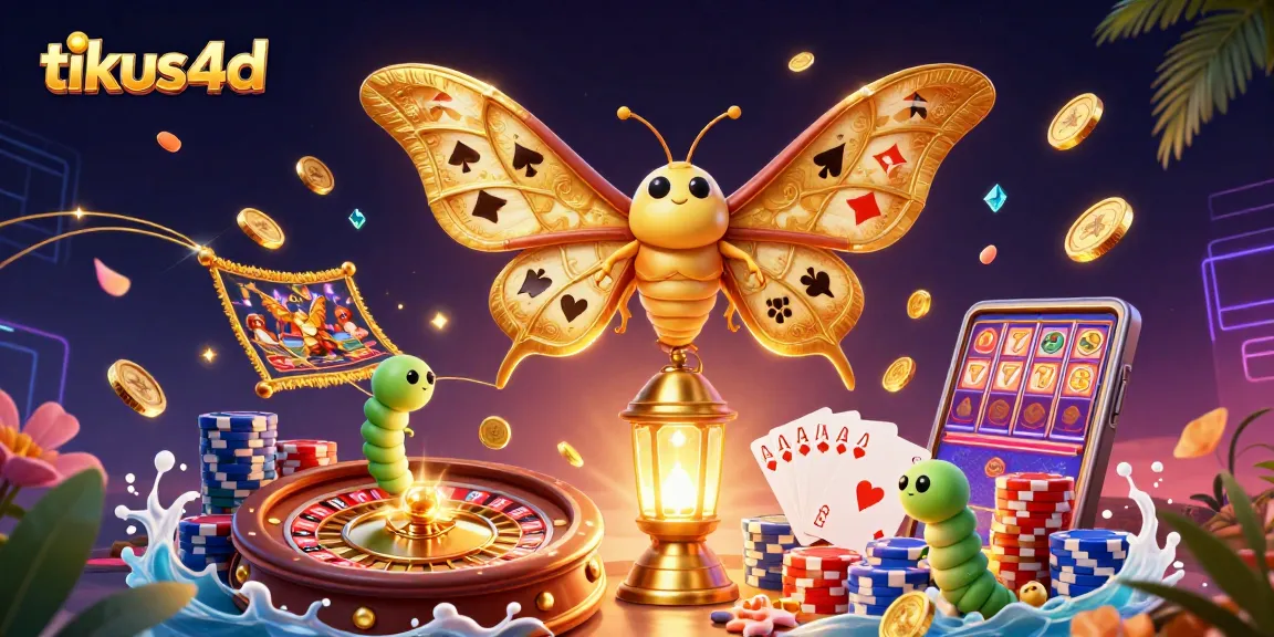 Engage with tikus4d's 3D casino elements featuring golden wings, vibrant poker chips, and slot machines.
