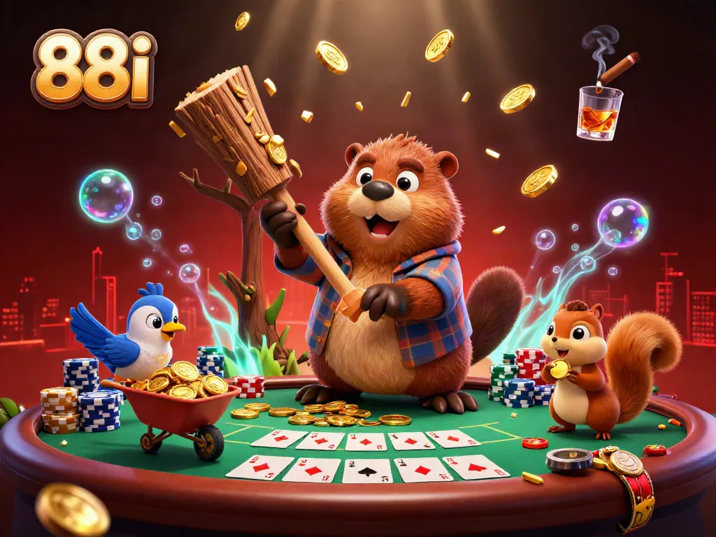 88i cartoon scene shows a beaver, bird, and squirrel celebrating casino wins with coins, poker chips, and cards.
