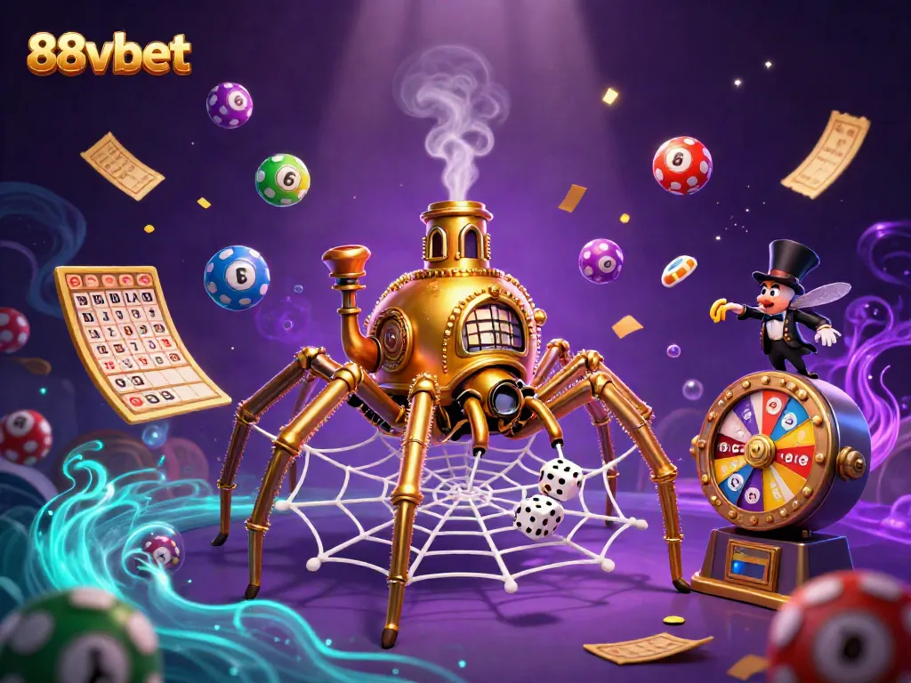 Engage with the thrilling world of 88vbet in this vibrant 3D digital illustration of steampunk elements and lively lottery games.