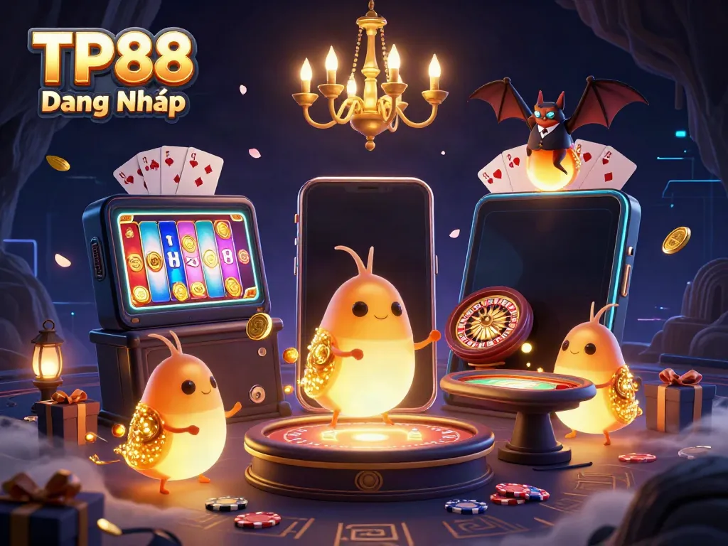 Experience the vibrant world of TP88 Đăng Nhập with a colorful casino scene lit by glowworms, showcasing exciting game elements.