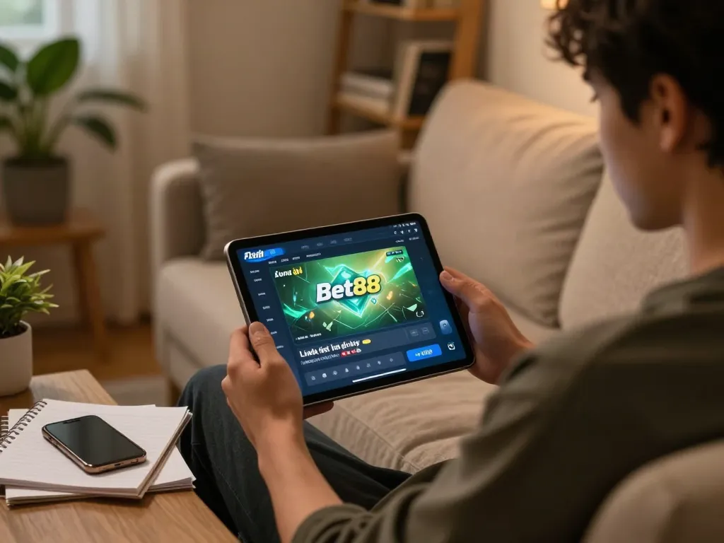Engaging in online gaming with Link vào chơi Bet88 on a tablet in a cozy home setting