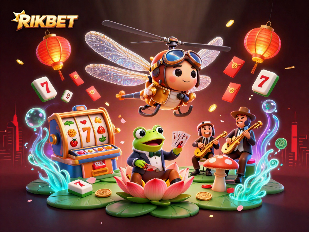 Play exciting casino games with RIKBET while enjoying vibrant scene with animated characters.