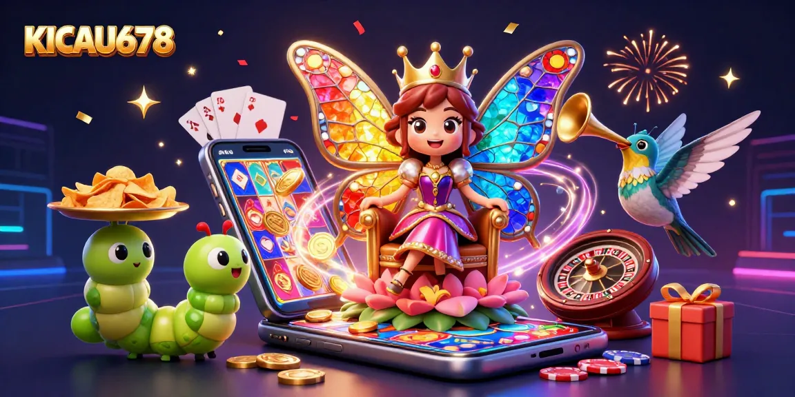 KICAU678 offers an immersive online gaming experience with a vibrant 3D scene of a butterfly queen and casino elements.