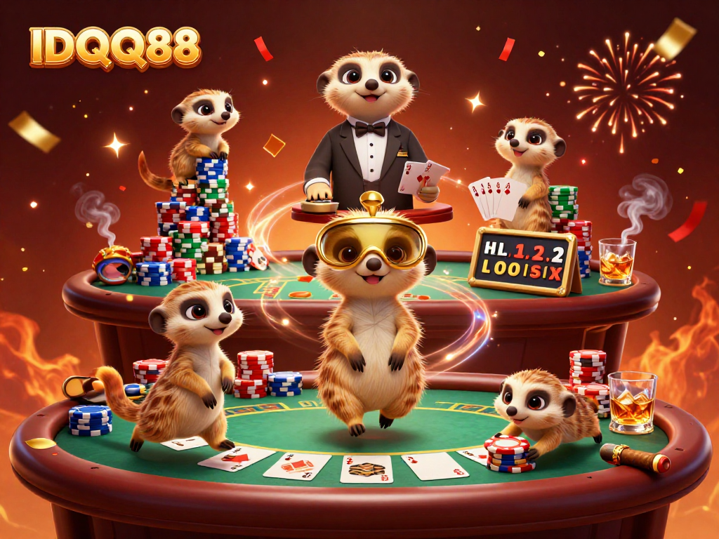 Players enjoy casino fun at IDQQ88 with meerkats managing a vibrant gaming scene.