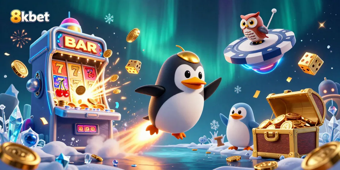 Engage with 8kbet's dazzling casino world featuring a golden penguin journeying toward a poker chip station.