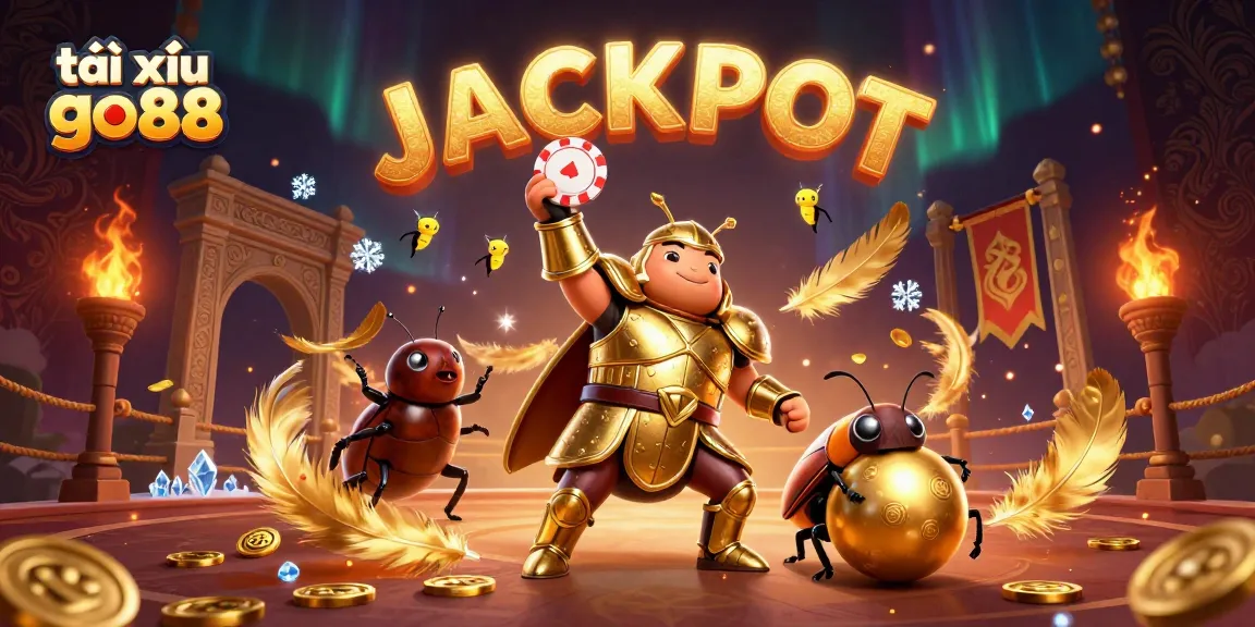 Engage in the excitement of tài xỉu go88 as golden-themed characters celebrate a victory with a jackpot display.