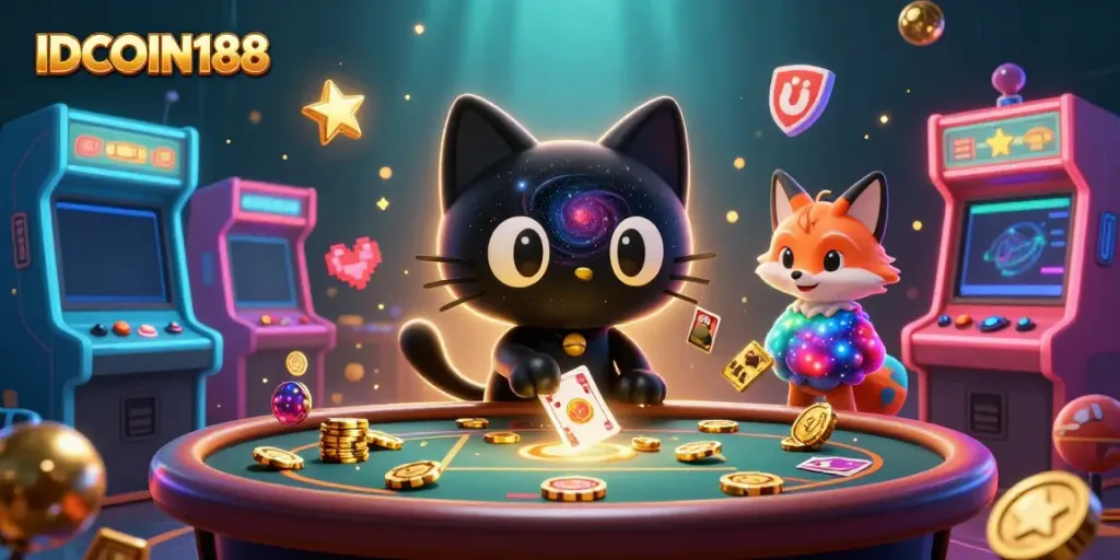 IDCOIN188 features a cosmic casino scene with a black hole cat and colorful nebula fox drawing in golden chips and cards.