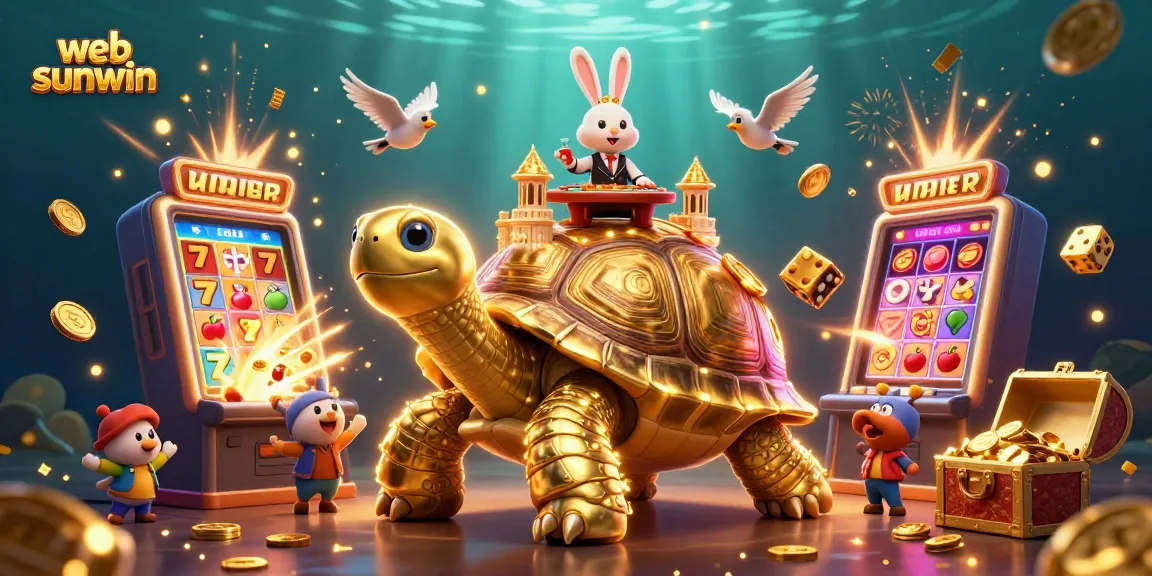 Win big at web sunwin with a vibrant 3D casino scene featuring gold coins, jackpot excitement, and a rabbit dealer.