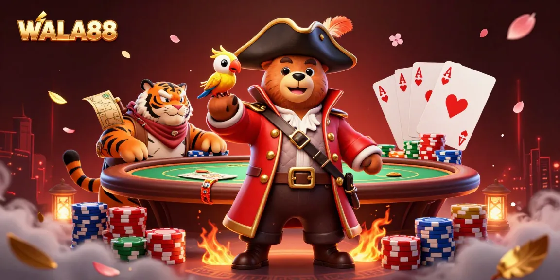 WALA88 showcases a dynamic pirate-themed gambling scene with a bear captain and tiger first mate.