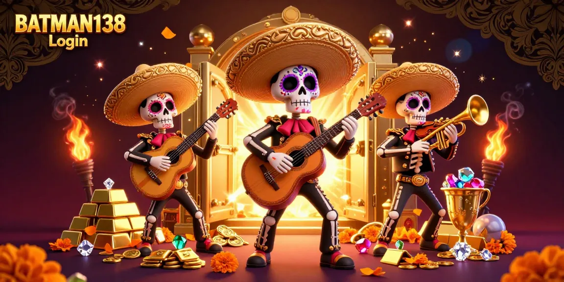 Engage with BATMAN138 Login through vibrant casino scenes featuring a mariachi band, treasure and gems bursting with excitement.