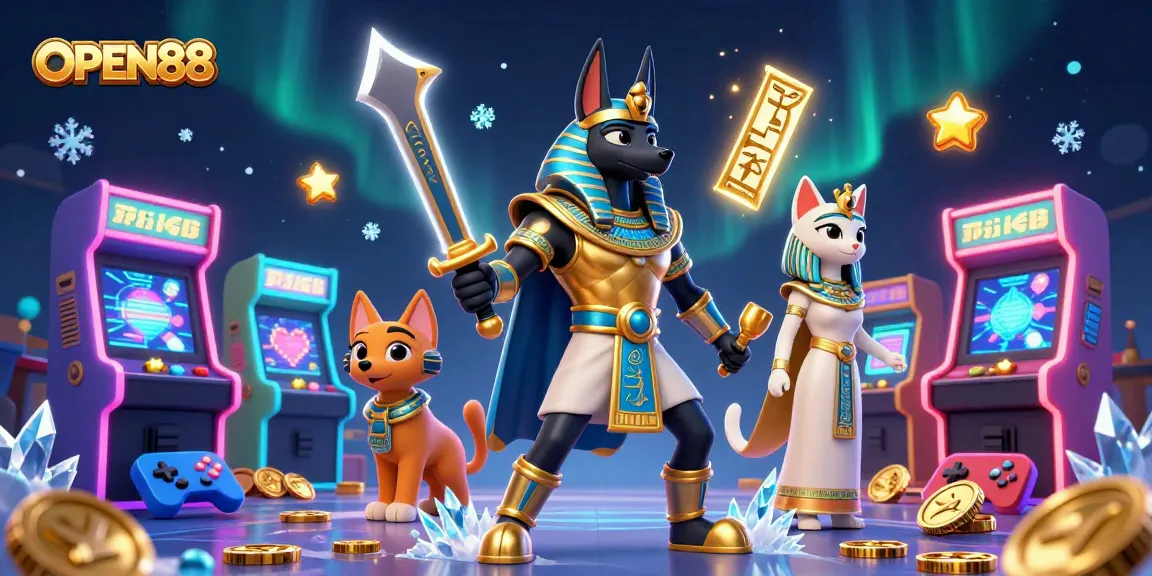 Experience thrilling gameplay at OPEN88 with an ancient Egyptian warrior and cat amidst vibrant casino elements.