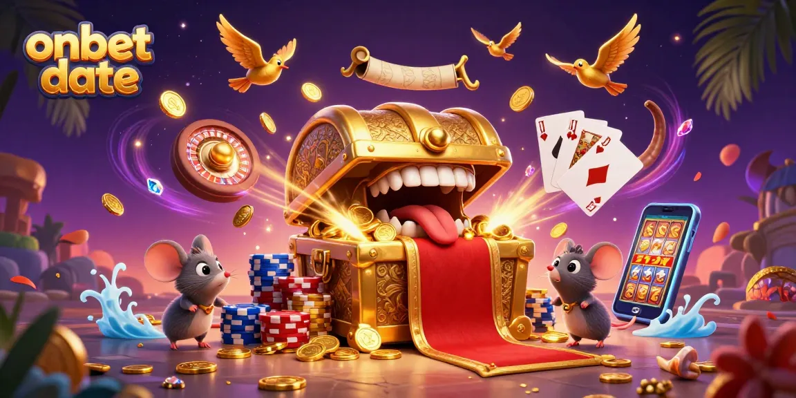 Win big with onbet date in an ultra-detailed casino scene, showcasing vibrant gaming elements and treasures.
