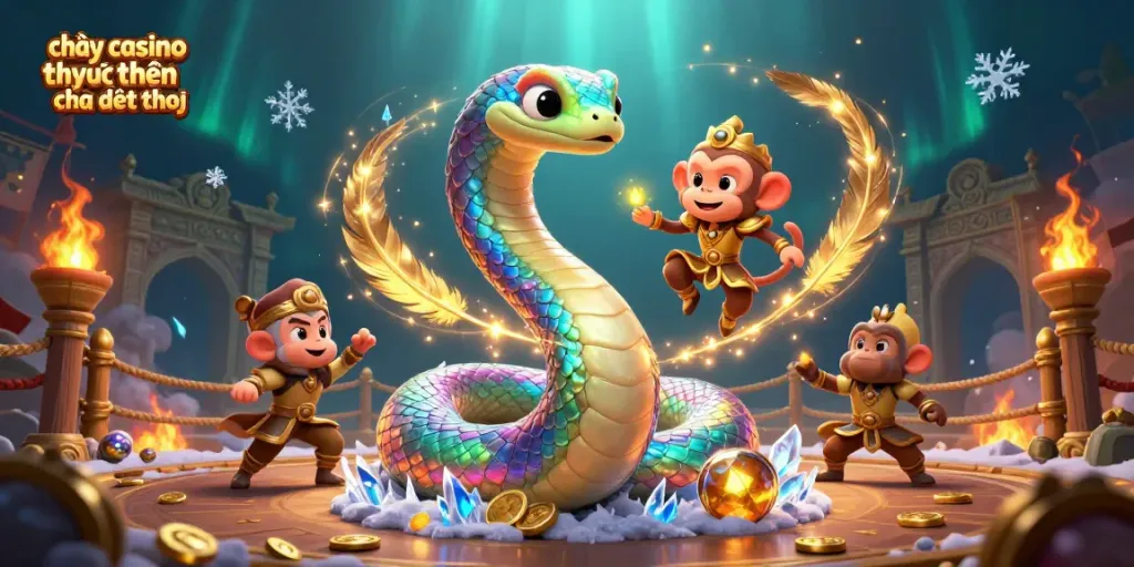 Chơi casino trực tuyến trên điện thoại với hình ảnh sinh động của rắn cầu vồng và vua khỉ trong môi trường đầy màu sắc.