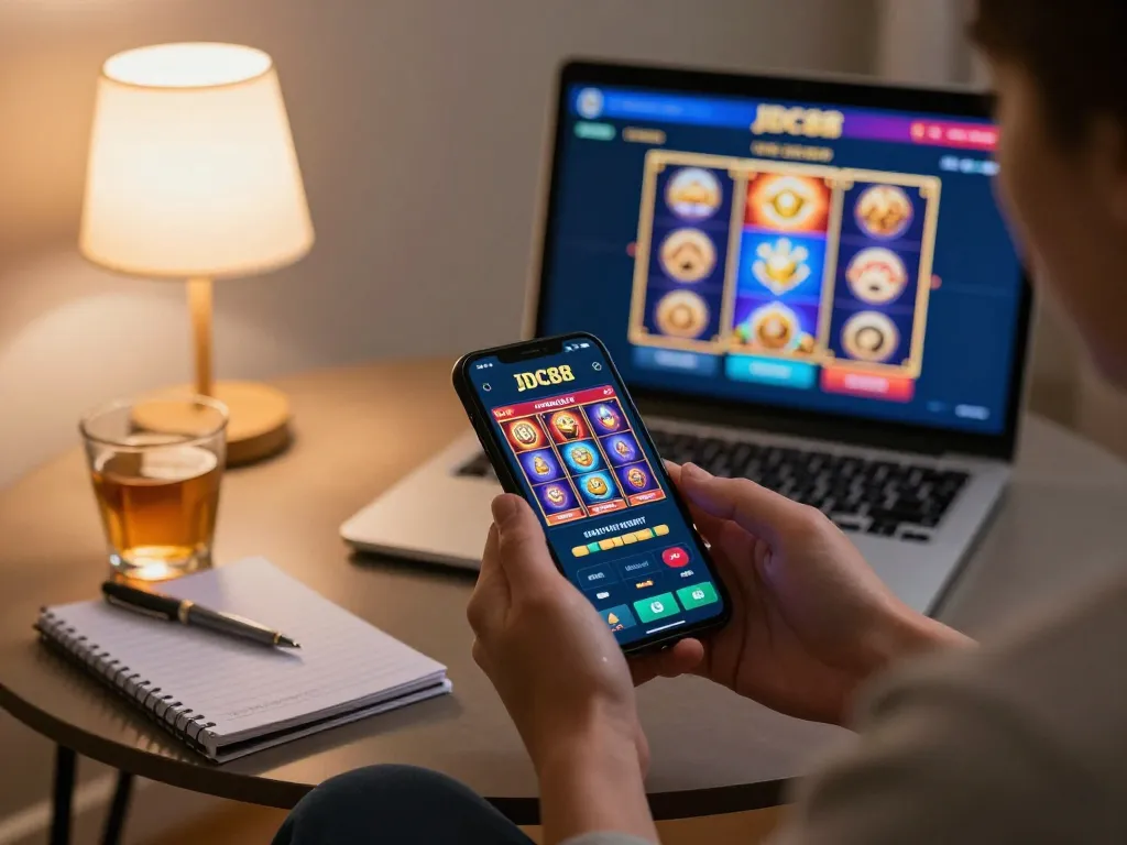 Enjoying gameplay on the IDC88 JOKER app, showcasing a vibrant mobile gaming experience at home.
