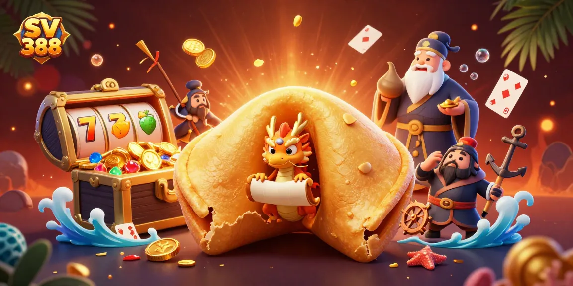 Immerse in SV 388 casino adventures with a vibrant scene of golden fortune, dynamic slots, and lively characters.