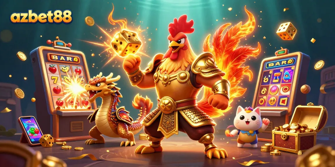 Engage with thrilling games at azbet88; powerful warriors battle amidst lavish casino symbols.