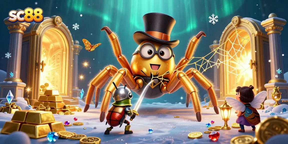 sc88 featuring a golden tarantula and beetle knight in a vibrant casino scene filled with gems.