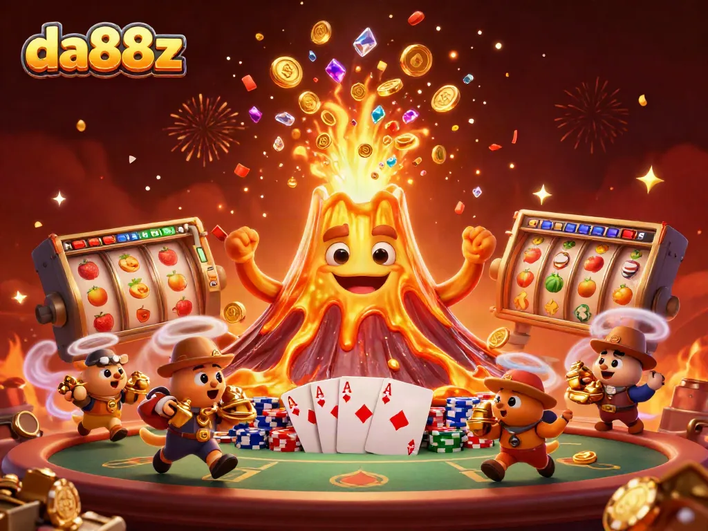 Experience the thrilling da88z slot game world with a triumphant volcano and treasure-laden animals celebrating wins.