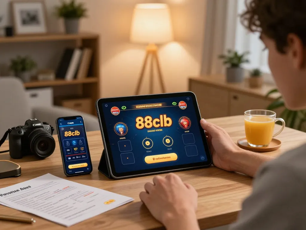 Player enjoying 88clb online casino on tablet in a cozy home setting with strategic notes