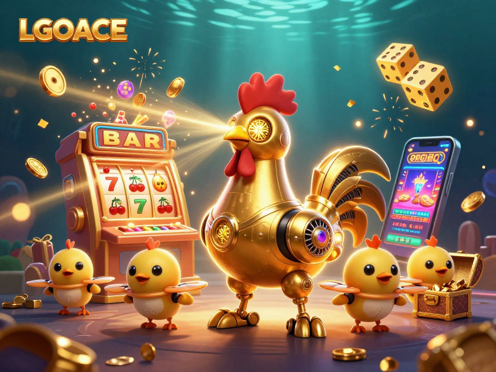 LGOACE leverages a vibrant scene with a golden rooster robot among dynamic casino elements, enhancing gaming excitement.