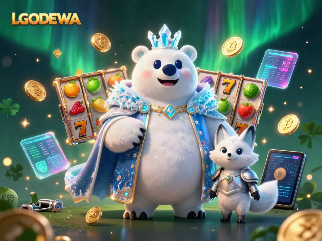 Experience the excitement of LGODEWA with a vibrant 3D casino scene featuring animated characters amidst slot machines and crypto coins.