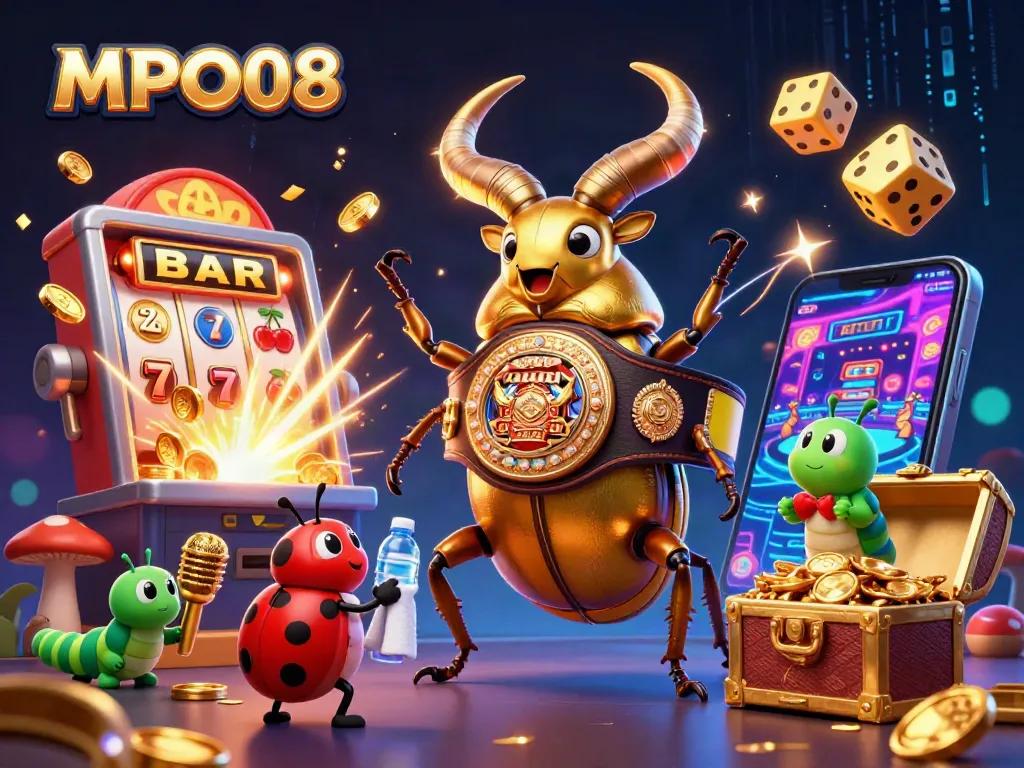 MPO08 showcases an exciting scene with a boxing beetle, jackpot slot machine, and dynamic casino elements.