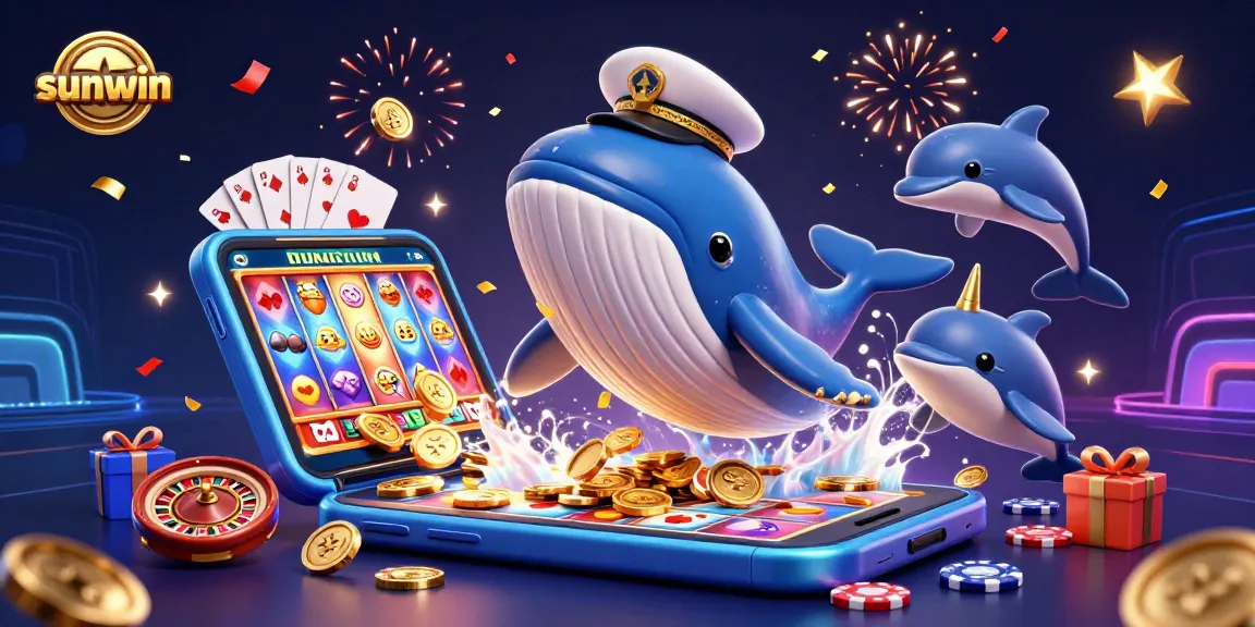 Spin the reels with sunwin's festive scene featuring a playful whale, narwhal, and dolphins amidst casino games.