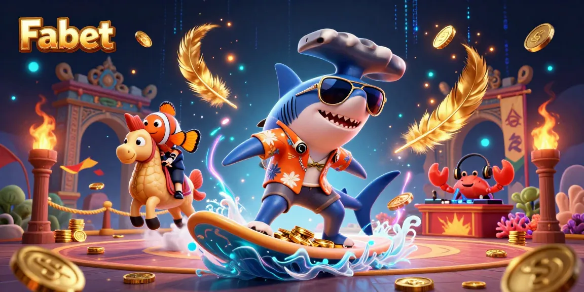 Fabet logo features a thrilling casino scene with a surfing shark and golden coins.