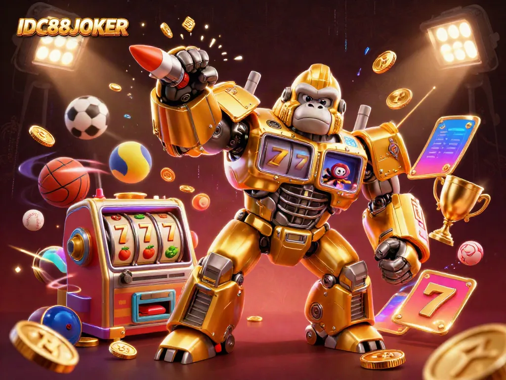 Experience the thrill of gaming with IDC88JOKER's dynamic 3D robot illustration featuring slot elements and coins.