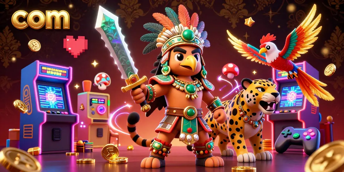 Immerse in the vibrant energies of com with a thrilling 3D casino scene featuring Aztec warriors and arcade elements.