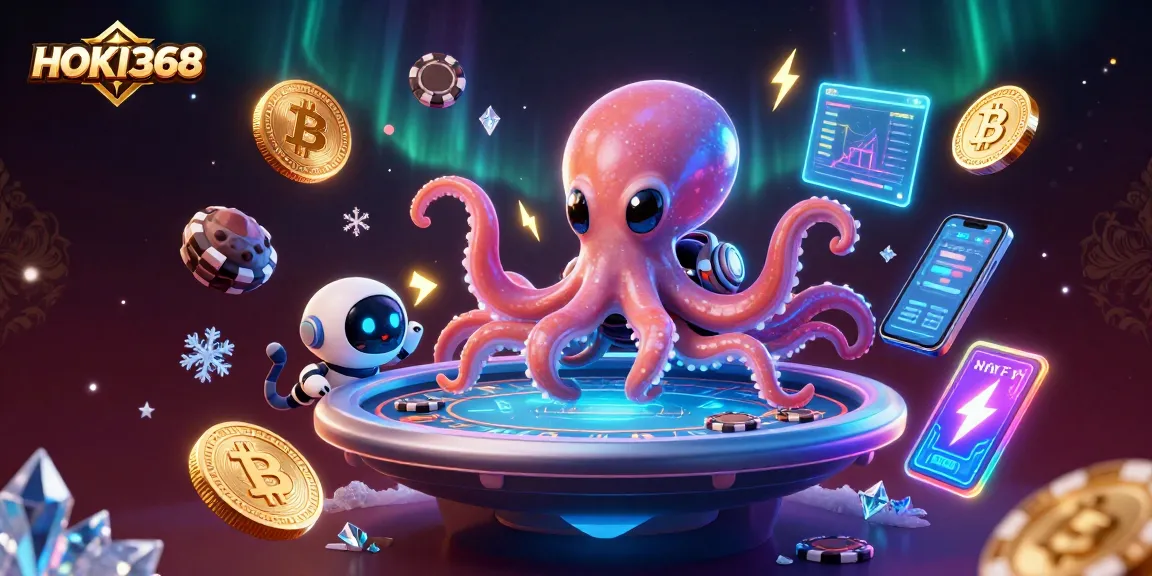 Experience the vibrant gameplay at HOKI368 with alien octopus and robot at a holographic poker table.