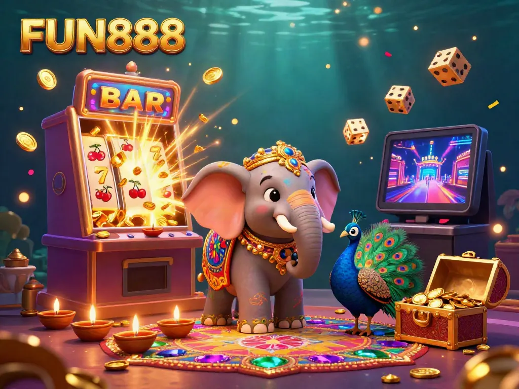 Spin the jackpot with FUN888 while enjoying a vibrant casino scene featuring colorful characters and symbols.