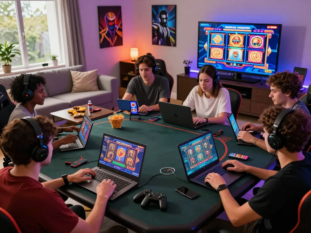 Engaged players enjoying online gaming at VEGASSLOT77 in vibrant living room setting.