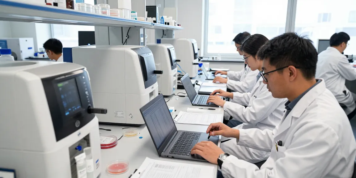 Buy peptides Canada through high-tech research involving scientists analyzing samples in a modern lab.