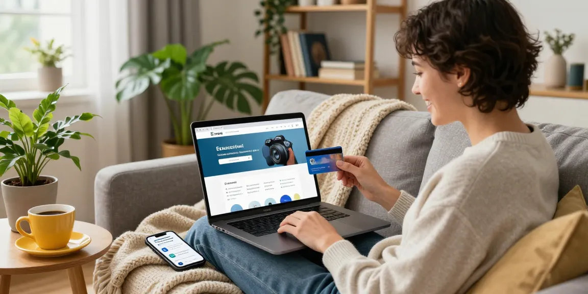 Young adult enjoying a virtual shopping experience on ezzocard.com for prepaid cards, cozy living room setting.