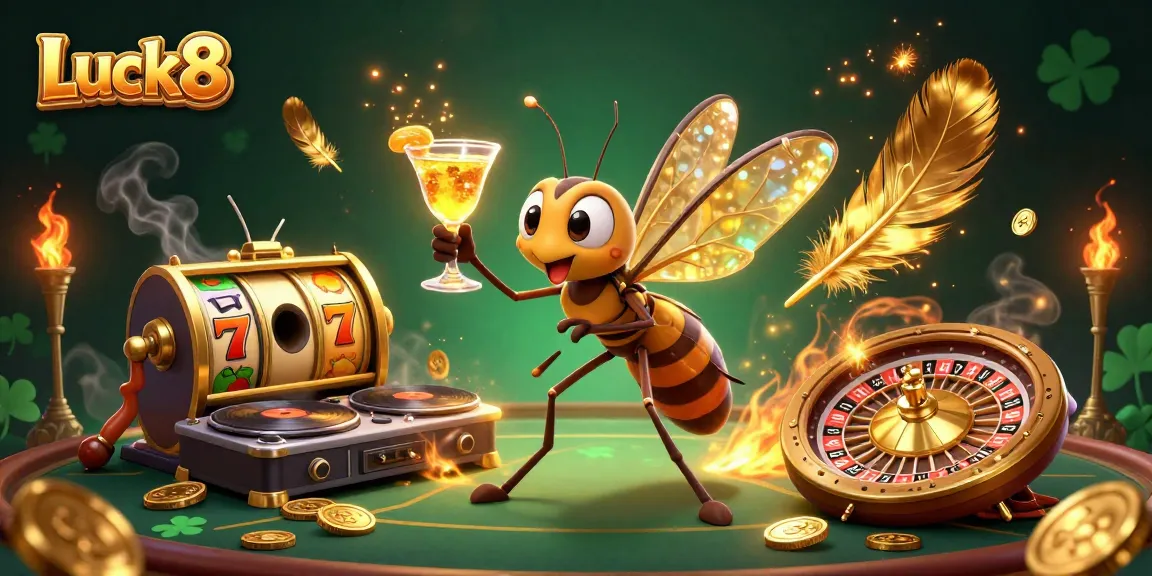 Experience thrilling action with Luck8, featuring a frozen mosquito mascot and a trilobite DJ in a vibrant casino.