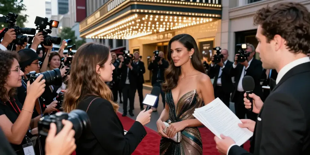 Celebritygiant event scene with journalist interviewing Hollywood star on red carpet in glamorous urban setting.