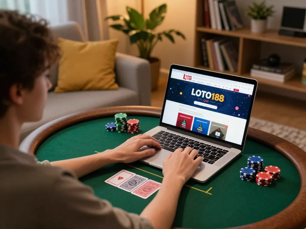 Gameplay on LOTO188 COM as a person engages in online poker at home, creating a strategic atmosphere.