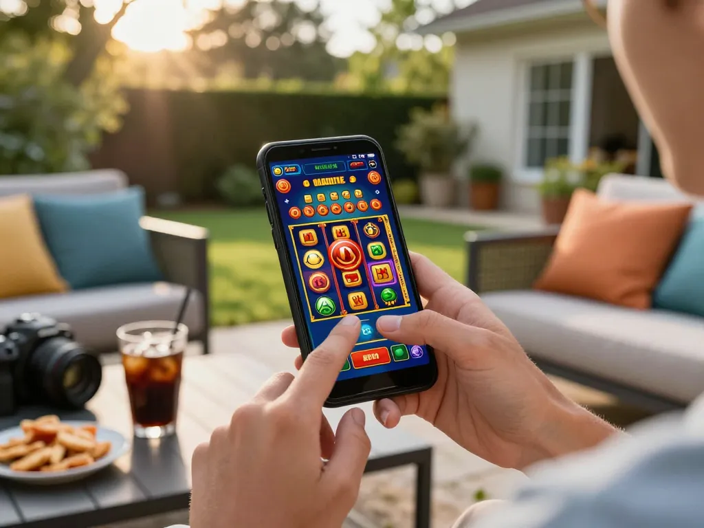 Badak178 mobile gaming action showing a player engaging with a slot machine app outdoors, vibrant and inviting atmosphere.