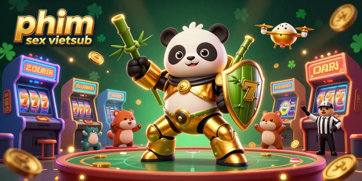 Experience the excitement of phim sex vietsub in an animated casino scene featuring a panda mech-robot and vibrant game elements.